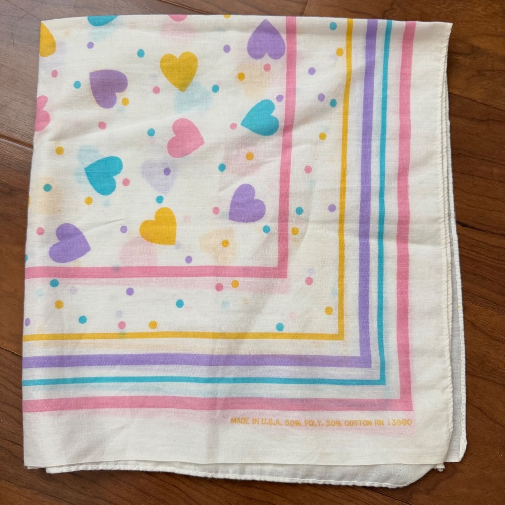 Vintage Pastel Heart Bandana Handkerchief Made in USA RN 13960 Pink Purple Blue